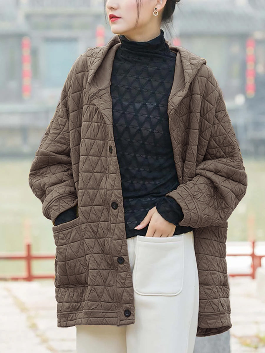 Plus Size Women Winter Casual Button Pocket Hooded Coat