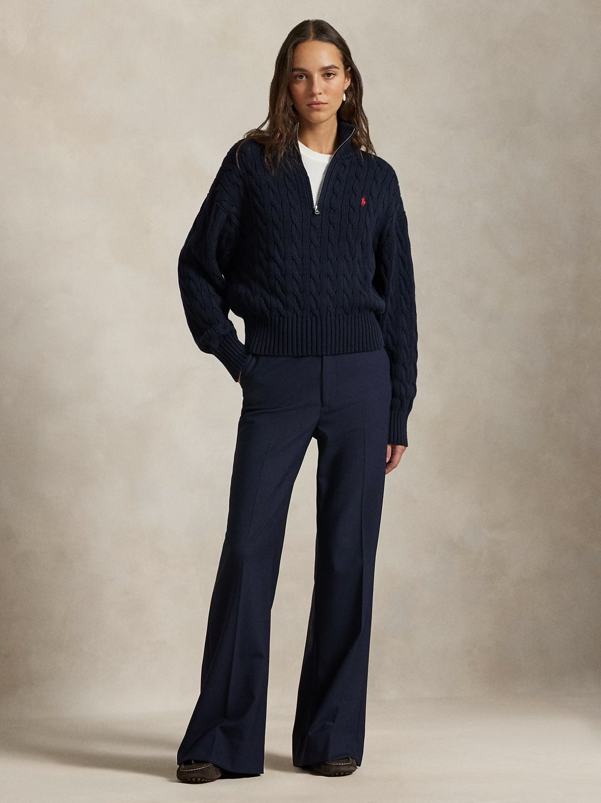 RALPH LAUREN WOMEN Cable-Knit Cotton Quarter-Zip Sweater Hunter Navy