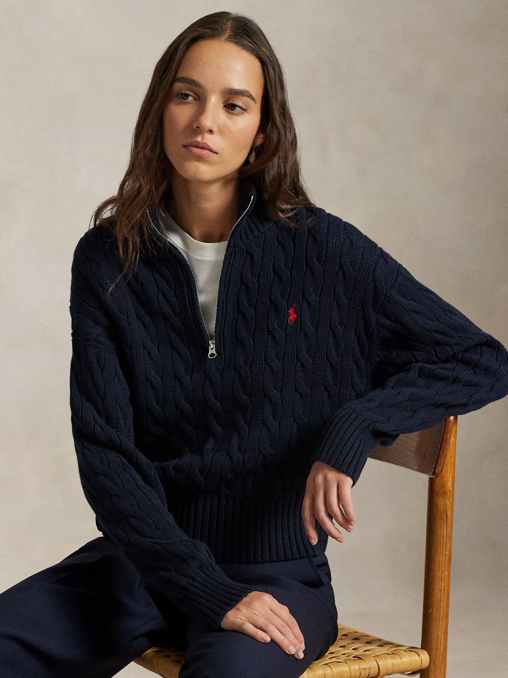 RALPH LAUREN WOMEN Cable-Knit Cotton Quarter-Zip Sweater Hunter Navy