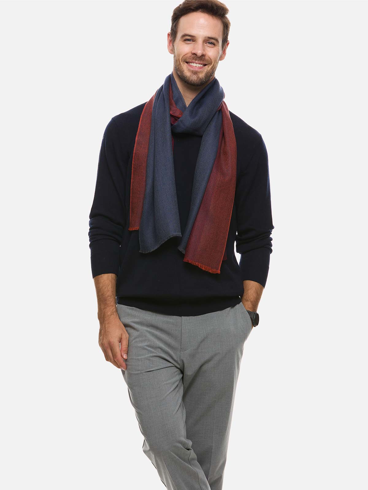 Blue Burgundy Herringbone Mens Cashmere Scarf