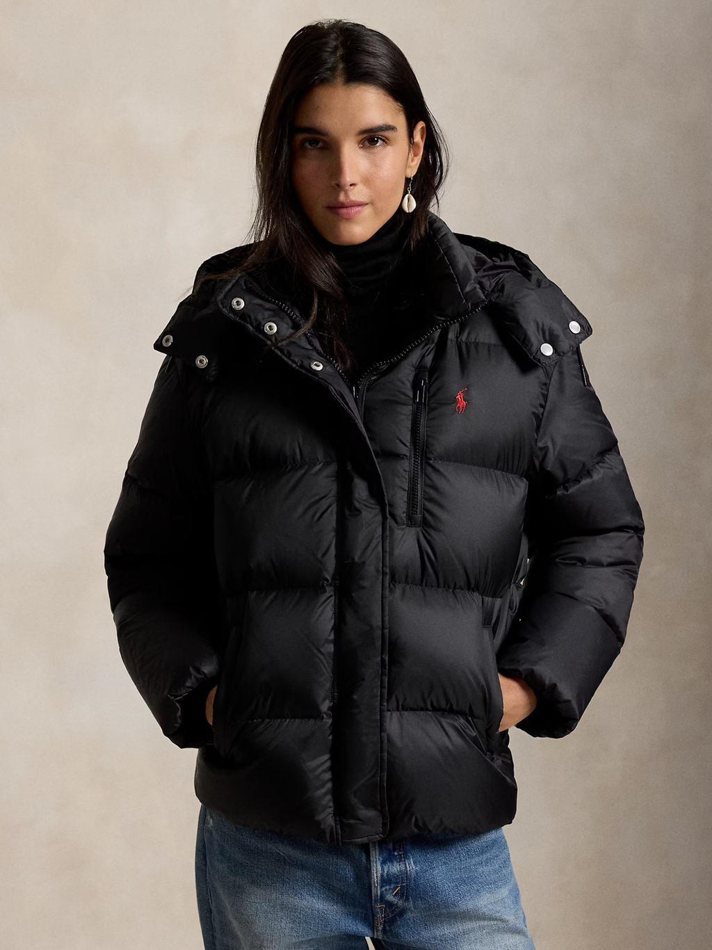 RALPH LAUREN WOMEN Mid-Weight Down Puffer Jacket Polo Black