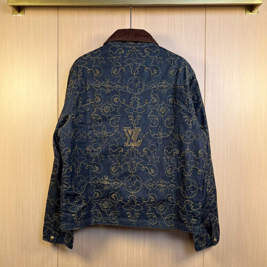 LOUIS VUITTON Monogram Embroidered Denim Jacket | Corduroy Collar | Dark Indigo | EU 46–52