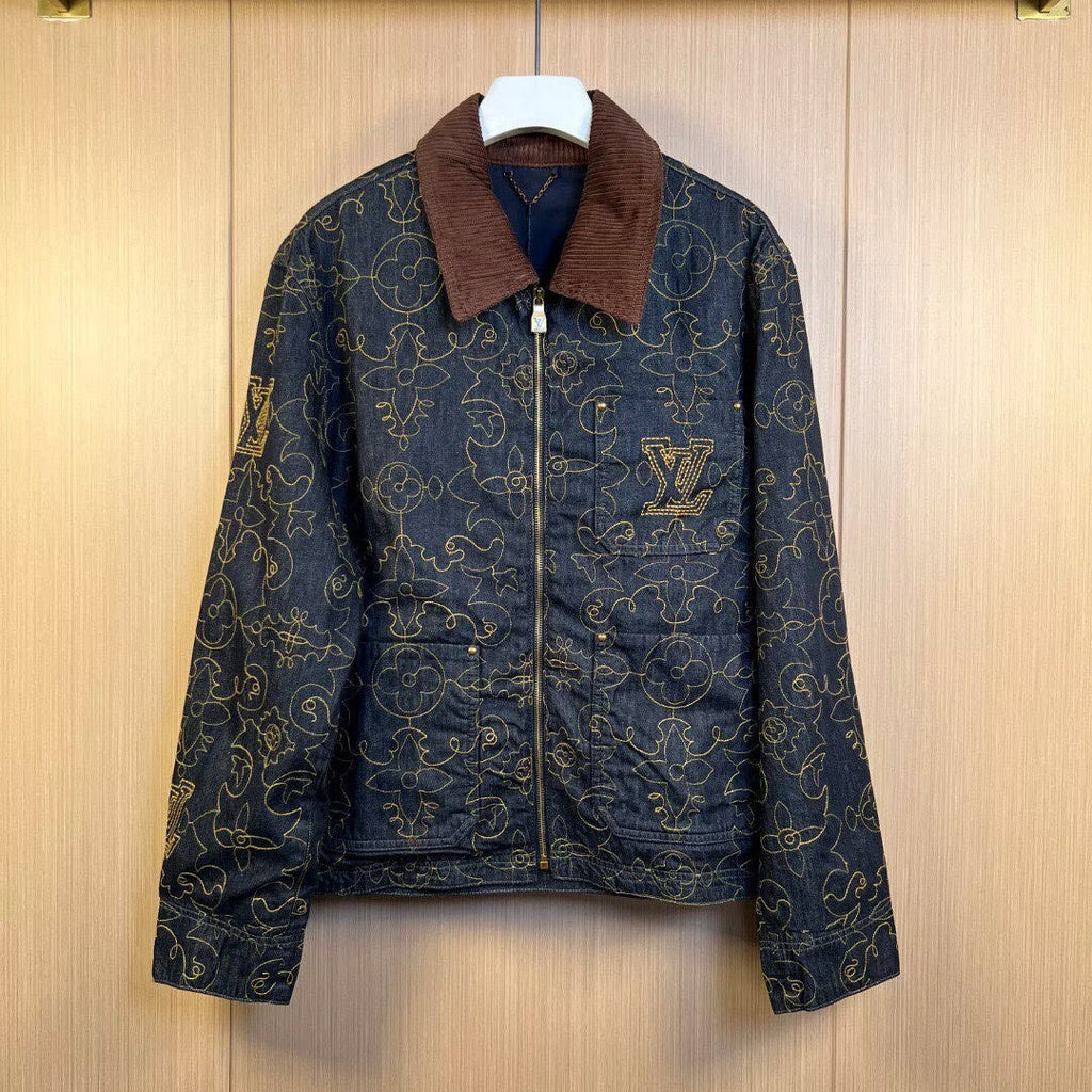LOUIS VUITTON Monogram Embroidered Denim Jacket | Corduroy Collar | Dark Indigo | EU 46–52